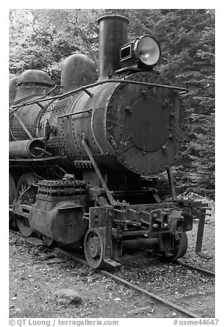 Nose of rusting steam locomotive. Allagash Wilderness Waterway, Maine, USA (black and white)