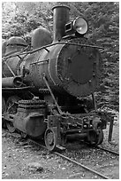 Nose of rusting steam locomotive. Allagash Wilderness Waterway, Maine, USA (black and white)