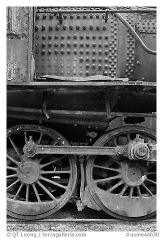 Close-up of rusting locomotive. Allagash Wilderness Waterway, Maine, USA (black and white)