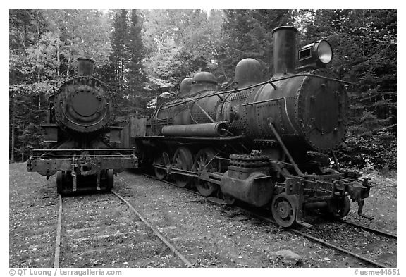 Vintage steam locomotives. Allagash Wilderness Waterway, Maine, USA (black and white)