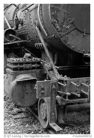 Detail of old steam locomotive. Allagash Wilderness Waterway, Maine, USA