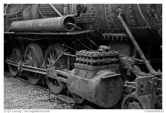 Close-up of vintage Lacroix locomotive. Allagash Wilderness Waterway, Maine, USA (black and white)