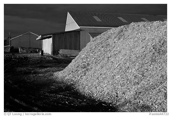 Sawdust in lumber mill at night, Ashland. Maine, USA