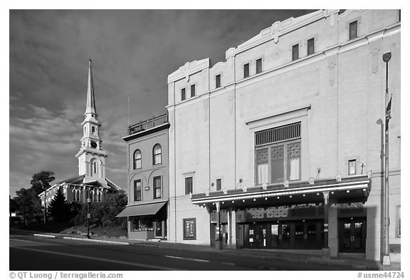 Penobscot Theater and church. Bangor, Maine, USA (black and white)