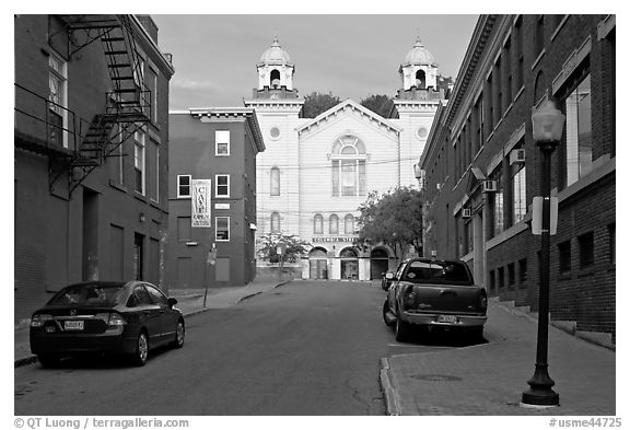 Brick buildings and church on Columbia Street. Bangor, Maine, USA