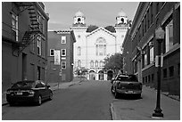 Brick buildings and church on Columbia Street. Bangor, Maine, USA ( black and white)