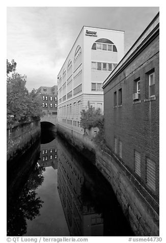 Downtown buildings bordering Kenduskeag stream. Bangor, Maine, USA (black and white)