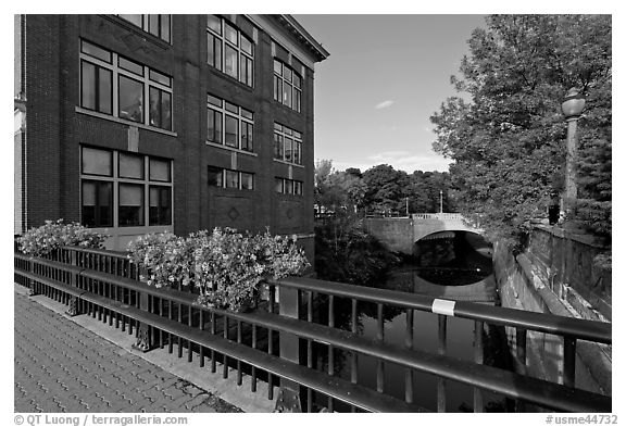 Parks and bridges over Kenduskeag stream. Bangor, Maine, USA (black and white)