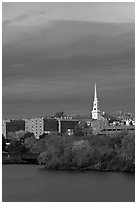 White steepled church and brick buildings. Bangor, Maine, USA ( black and white)