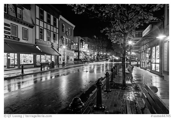 Main street at night. Bar Harbor, Maine, USA (black and white)