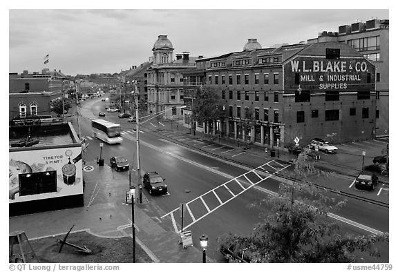 Street seen from above, dawn. Portland, Maine, USA (black and white)