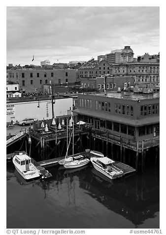 Boats, harbor, and historic buildings. Portland, Maine, USA (black and white)