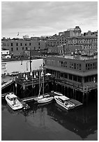 Boats, harbor, and historic buildings. Portland, Maine, USA (black and white)