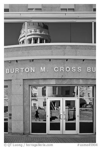 Capitol reflected in Burton Cross Building. Augusta, Maine, USA