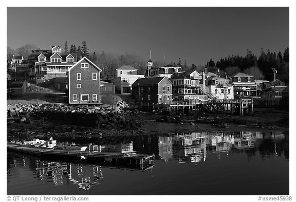 Waterfront in early morning. Stonington, Maine, USA (black and white)