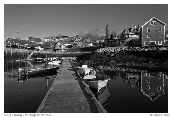 Calm harbor, early morning. Stonington, Maine, USA (black and white)