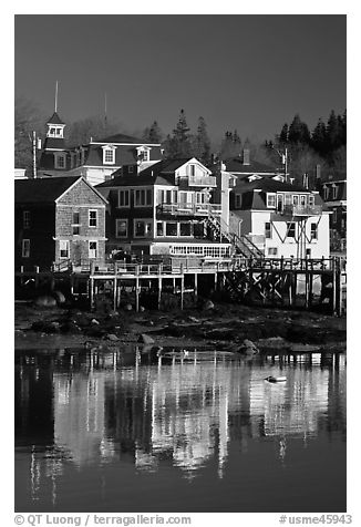 Houses and reflections. Stonington, Maine, USA (black and white)