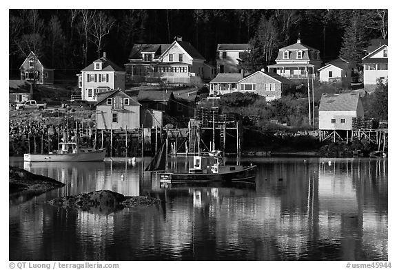 Fishing boats and houses. Stonington, Maine, USA (black and white)