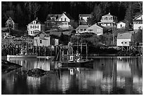 Fishing boats and houses. Stonington, Maine, USA (black and white)