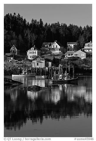Harbor and houses, morning. Stonington, Maine, USA (black and white)