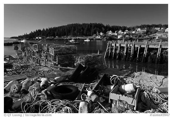 Fishing gear and harbor. Stonington, Maine, USA (black and white)