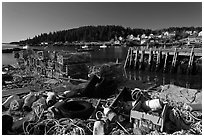 Fishing gear and harbor. Stonington, Maine, USA ( black and white)