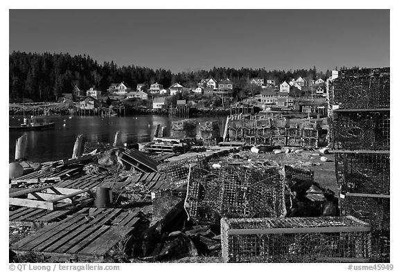 Lobster fishing village. Stonington, Maine, USA (black and white)