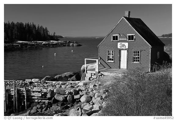 Red lobster shack. Stonington, Maine, USA (black and white)