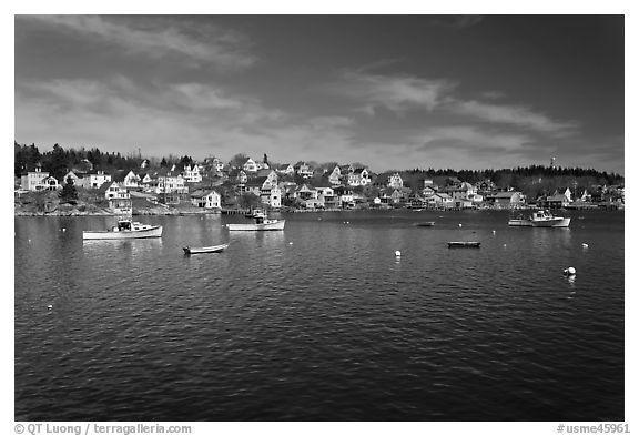 Village and harbor. Stonington, Maine, USA (black and white)