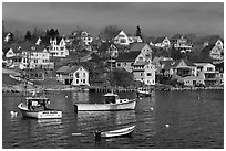 Lobstering boats and houses. Stonington, Maine, USA (black and white)
