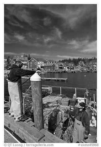Commercial lobstermen. Stonington, Maine, USA (black and white)