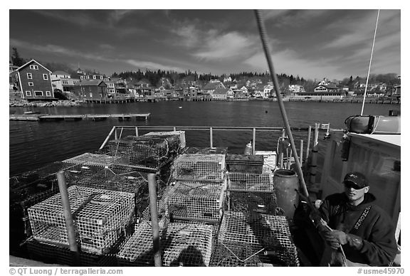 Lobsterman in boat with traps, and village in background. Stonington, Maine, USA (black and white)