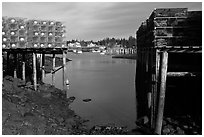 Lobster traps framing harbor. Corea, Maine, USA ( black and white)