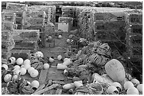 Buoys and lobster traps. Corea, Maine, USA (black and white)