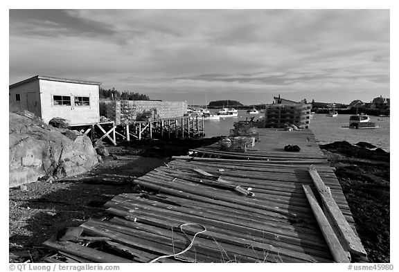 Deck, lobster traps, and harbor. Corea, Maine, USA (black and white)