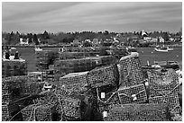 Lobster traps and village. Corea, Maine, USA ( black and white)