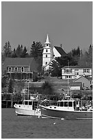 Lobster boats and village church. Corea, Maine, USA ( black and white)