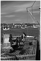 Man preparing to lift box from deck. Corea, Maine, USA (black and white)