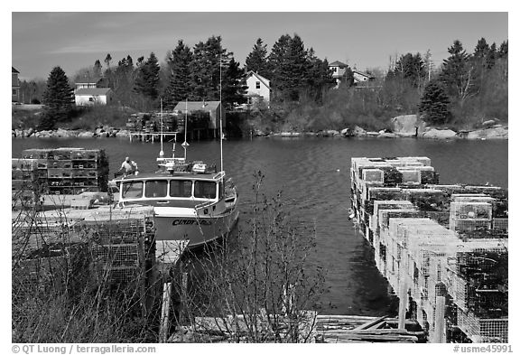 Lobster traps and boat. Corea, Maine, USA (black and white)