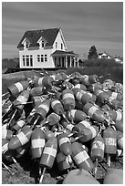 Colorful lobstering buoys. Corea, Maine, USA ( black and white)