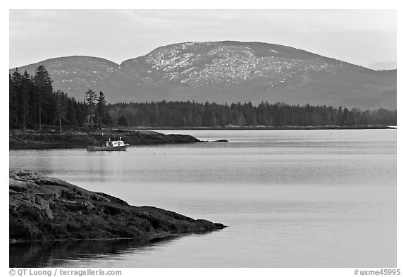 Frenchman Bay with snow-covered Cadillac Mountain in winter. Maine, USA