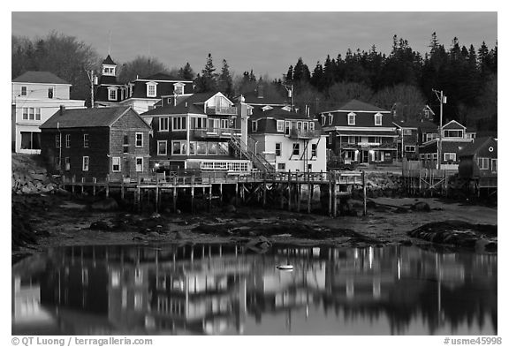 Main village waterfont at dawn. Stonington, Maine, USA (black and white)