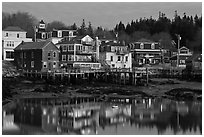 Main village waterfont at dawn. Stonington, Maine, USA (black and white)