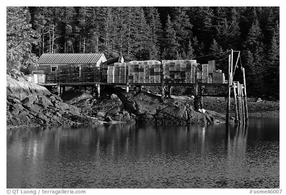 Pier loaded with lobster traps. Isle Au Haut, Maine, USA