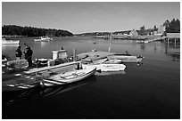 Small boats, harbor and village. Isle Au Haut, Maine, USA ( black and white)