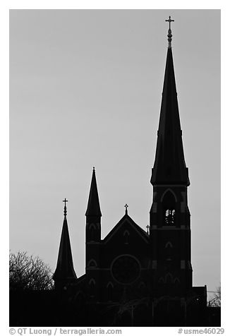 Cathedral spires backlit at dawn. Portland, Maine, USA (black and white)