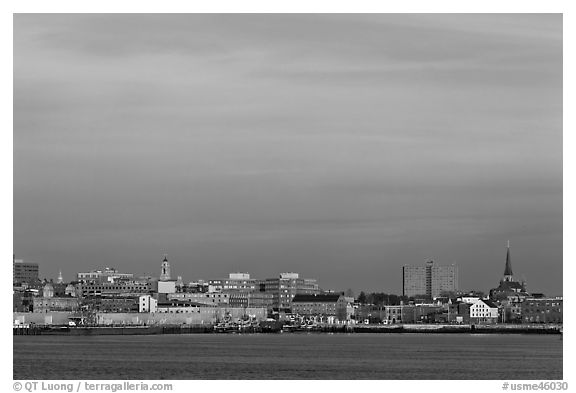 Skyline at sunrise. Portland, Maine, USA (black and white)