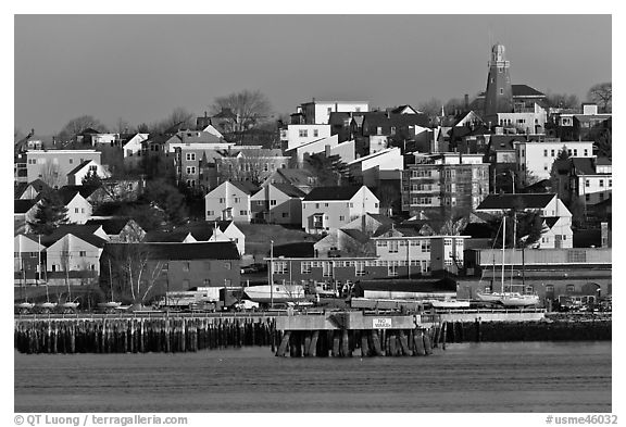 Hillside houses and observatory. Portland, Maine, USA (black and white)