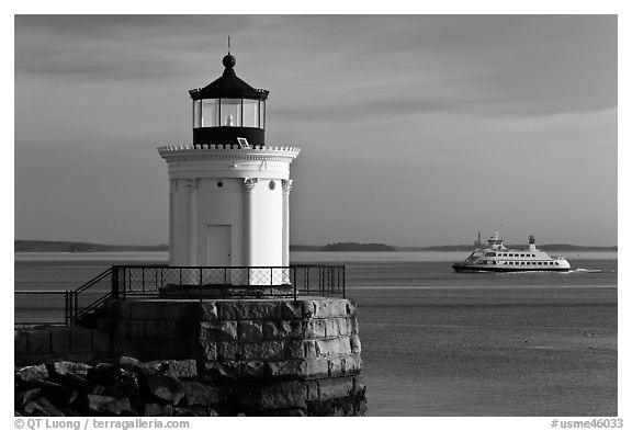 Bug Light and ferry. Portland, Maine, USA (black and white)
