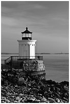 Bug Light with boy running. Portland, Maine, USA (black and white)